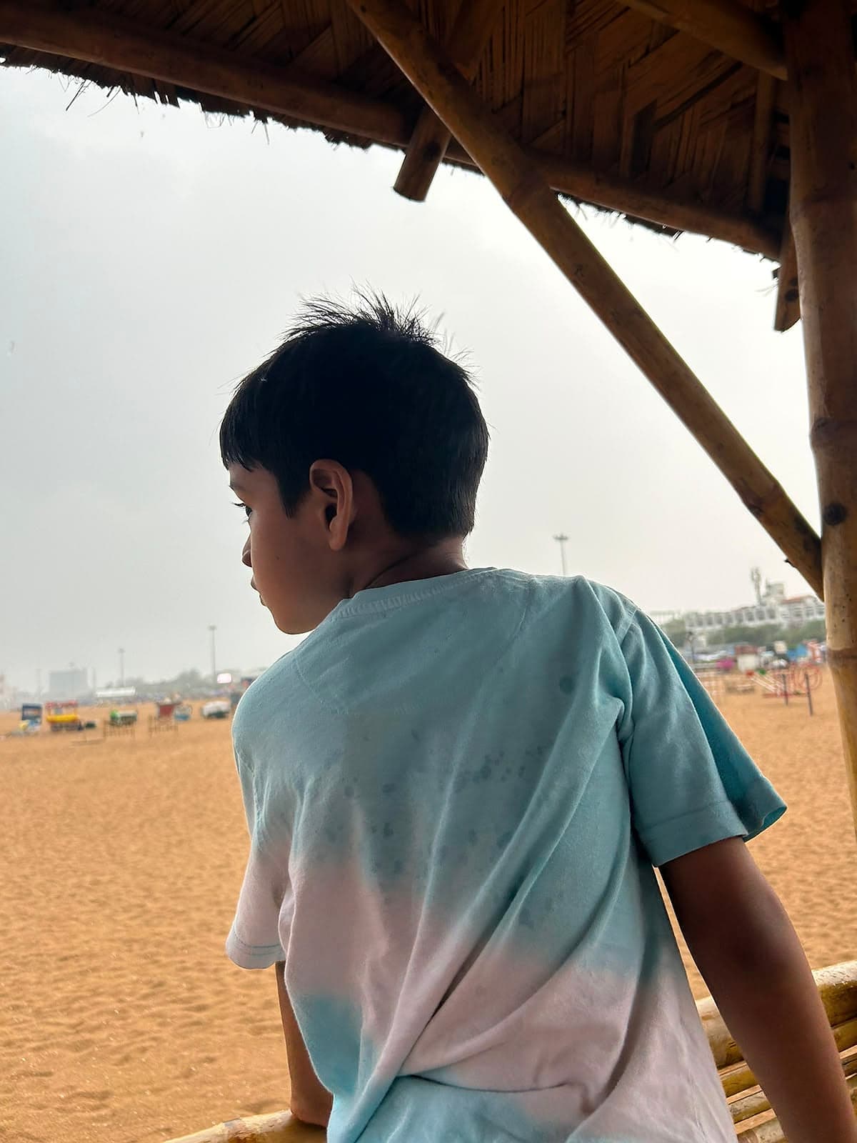 A boy under a thatched shelter, looking out across the sand.